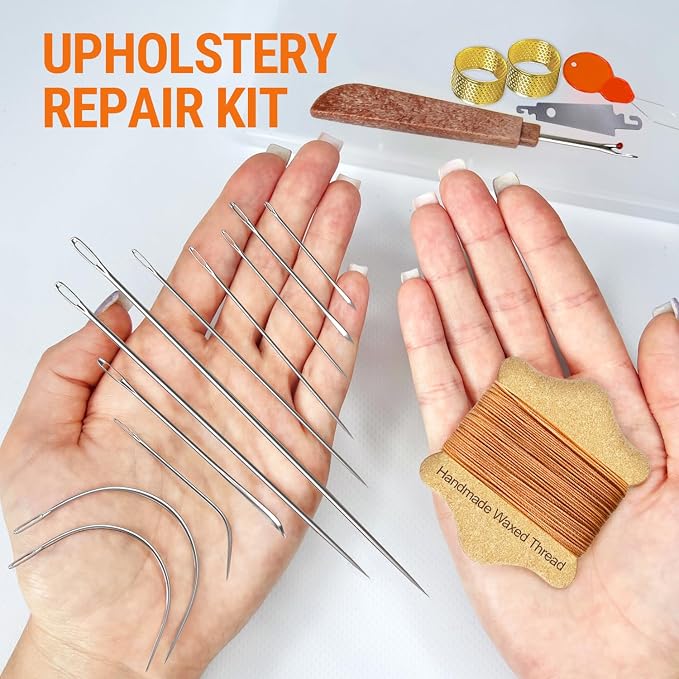 VONEEDL Upholstery Repair Kit: Waxed Sewing Thread (Ligth Brown Color) & Heavy Duty Needles (11 PCS) for Leather, Canvas & Quilting Thread