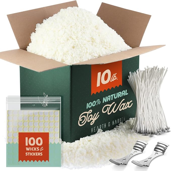 Hearth & Harbor Soy Candle Wax for Candle Making, Natural Soy Wax for Candle Making 10 lb Bag with Supplies, 100 Cotton Candle Wicks, 100 Wick Stickers, 2 Centering Devices - 10 Pounds Soy Wax Flakes