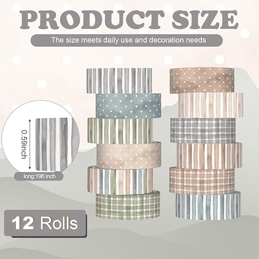 12 Rolls Floral Washi Tape Set,Watercolor,Stripes and Plaid | Watercolor Flowers Design for Scrapbook Journal DIY Craft School Supplies, 15 mm Vintage Decorative Masking Washi Tapes