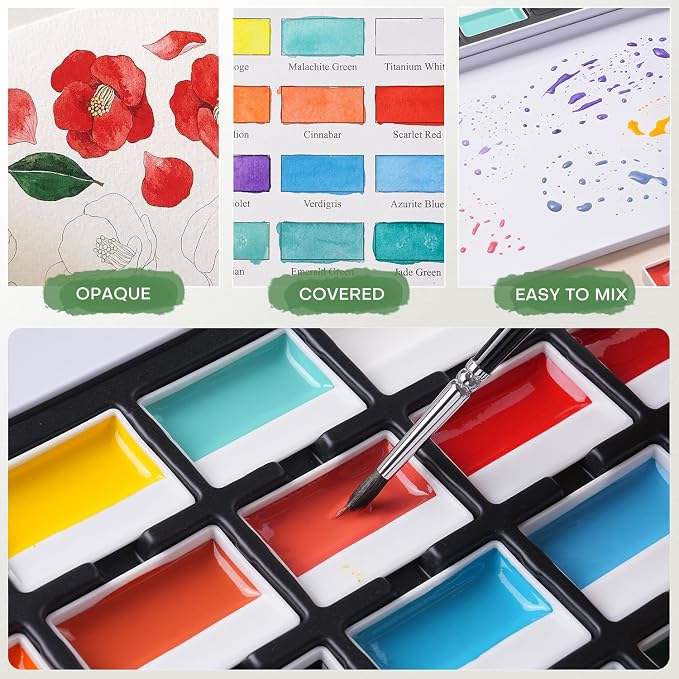 Fuumuui CREAMORA Watercolor Paint Set 24 Color Opaque Semi-Solid Vivid Bright Paint | Professional Art Supplies with Strong Pigment & Coverage for Artists Beginner Painters Amateur Hobbyists Painting