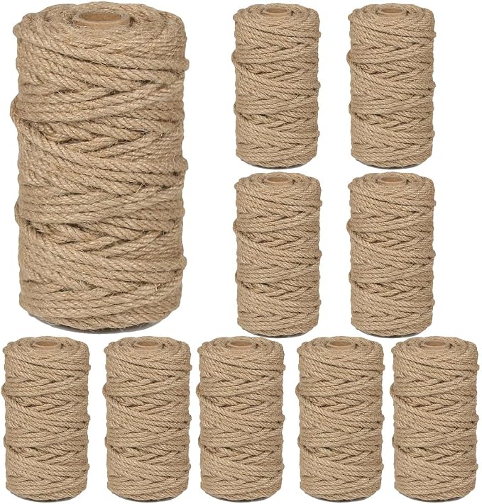 10Pack 4mm Natural Jute Twine Rope 1200 Feet Twisted Heavy Duty Thick Twine for Cat Scratching Post Tree Craft Projects Garden Home Decoration Packing Bundling (Brown-120Feet/Roll)