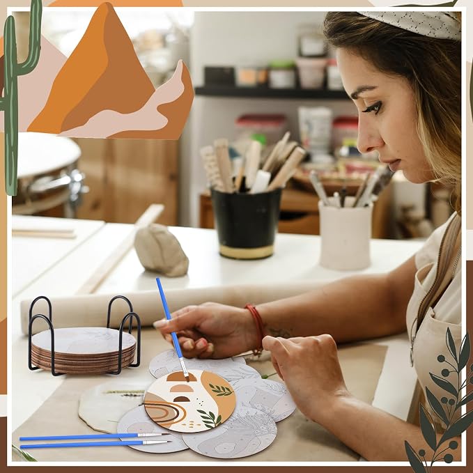 Reallnaive 8 Pcs Boho Paint by Numbers Kit for Adults Wooden Coasters | Mini Paint by Numbers, Tiny Cute Round Oil Painting Drink Coaster with Holder, for Small DIY Craft Birthday Gift