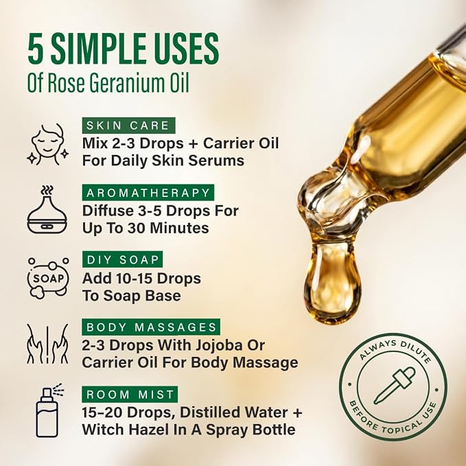 100% Pure Rose Geranium Essential Oil 4 Fl Oz - Geranium Oil for Skin | Undiluted for Hair, Scalp, Diffuser, Aromatherapy, Body Massage and Blending - Sweet Floral Aroma, with Dropper
