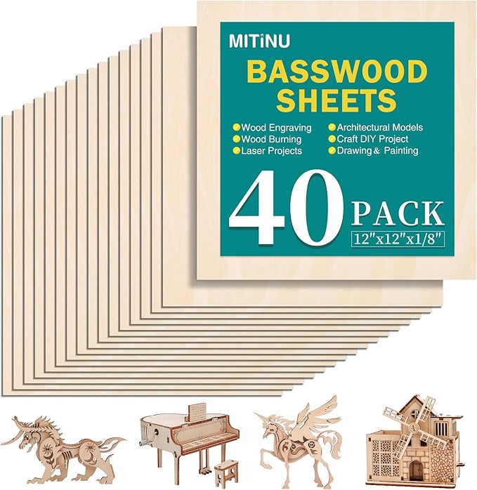 40 Pack Basswood Sheets for Crafts,12"x12"x1/8" 3mm Thick Plywood Sheets with Smooth Surfaces-Unfinished Squares Wood Boards for Laser Cutting, Wood Burning, Architectural Models, Staining