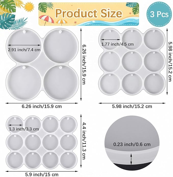 3 Pcs Circle Silicone Molds, 25 Cavity Round Resin Molds, Drilled Circle Molds for DIY Earrings, Keychains, Pendants, Pet Tags