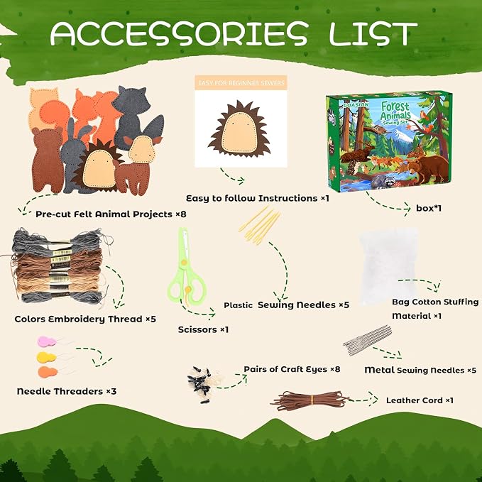 GOASION Sewing Kit for Kids, 8 Pcs Jungle Animals Craft Set, Ages 5+