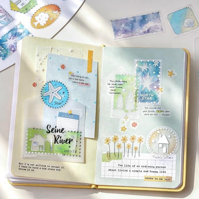 Doukado 80 Pcs Silver Foil PET Stickers, Watercolor Aesthetic Decals Set