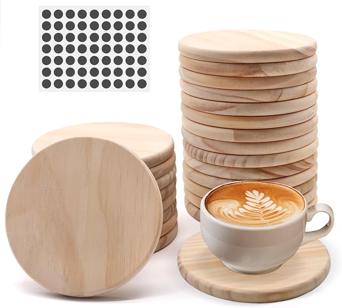 24 Pack 4 Inch Unfinished Round Wood Coasters with Non Slip Pad