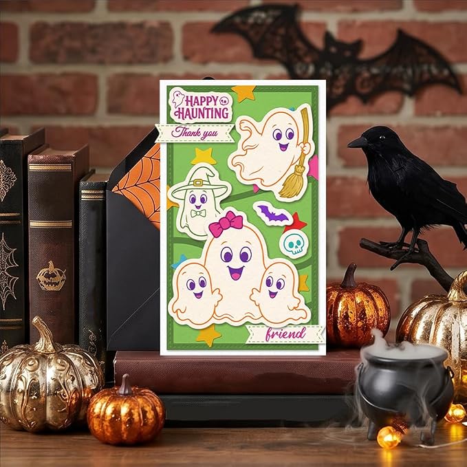 2Pcs Halloween Ghost Stamps and Dies Set for Card Making | Halloween Theme Clear Stamps and Metal Cutting Dies for Paper Crafting Painting Stencil for DIY Scrapbooking Greeting Card