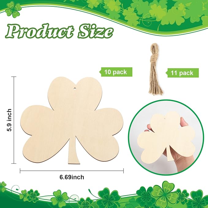 Large Size 7" Wooden Shamrock St. Patrick's Day Ornaments to Paint,Shamrocks Wooden DIY Blank Unfinished Round Wood Discs Ornament for Crafts Hanging Decorations(10PCS)