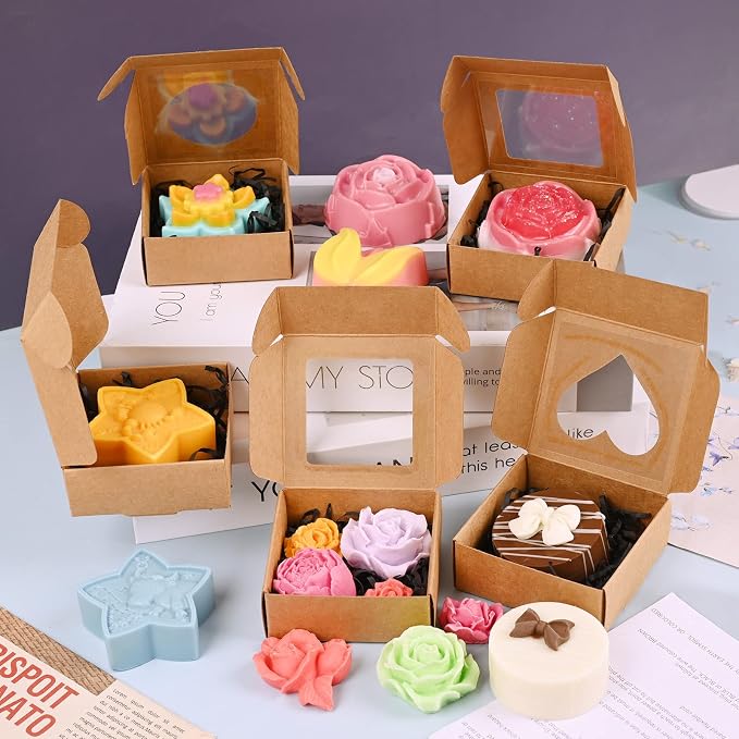 Moukiween Soap Boxes for Homemade Soap, Soap Packaging Gift Box with Window | 2.95 X 2.95 X 1.18 Inch Soap Packaging Gift boxes Brown with Window, Small Square Soap Wrapping Boxes (30PCS)