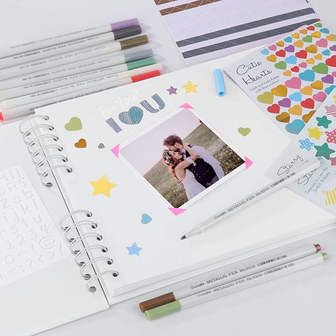 Gotideal 80 Pages Scrapbook Album with 10 Metallic Markers, White | Craft Paper Photo Album for Wedding and Anniversary, Family DIY Scrapbook Accessories with Scrapbooking Stickers Corners
