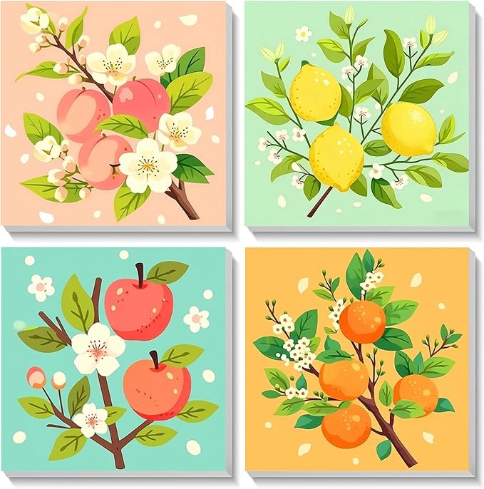 AUKELHJ 4 Pack Framed Paint by Numbers Kit for Adults, Fruit, 8x8 Inch
