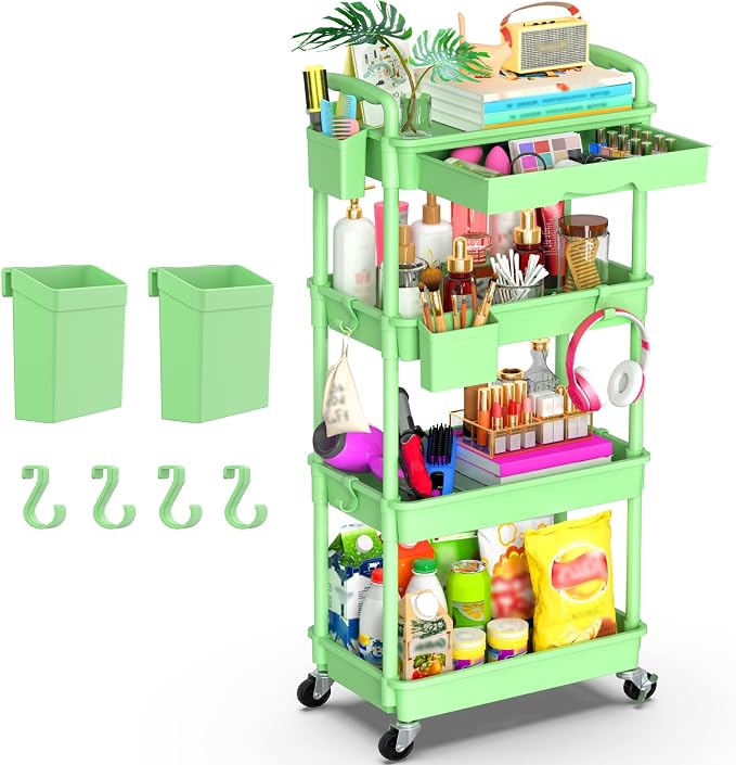 Goovilla 4 Tier Rolling Utility Cart Organizer with Removable Drawer, Green | Stable and Sturdy Rolling Storage Carts with 2 Lockable Wheels for Bathroom, Kitchen, Snack, Craft, Makeup, Baby Essentials
