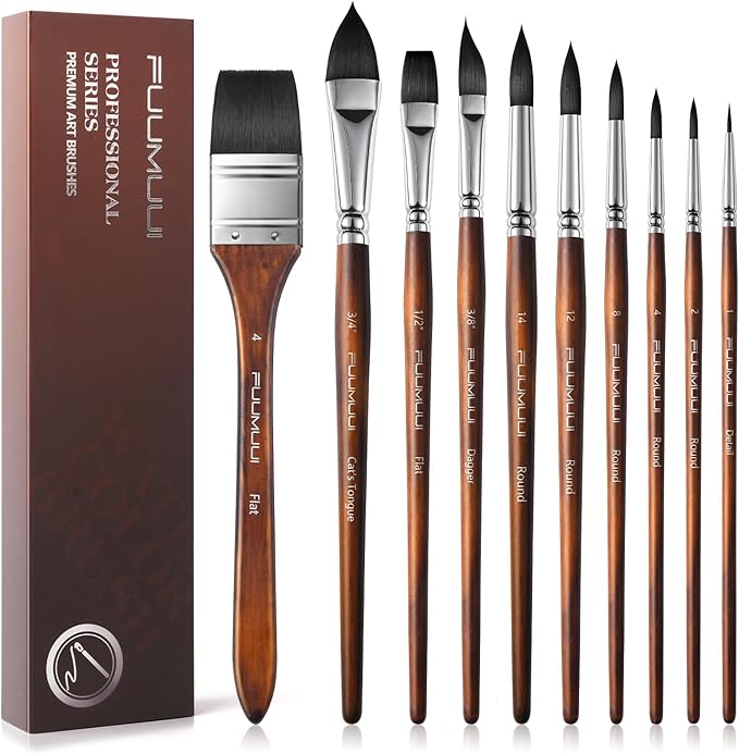 Fuumuui Professional Watercolor Brushes - 10Pcs Synthetic Squirrel Hair Paint Brush Set with Wide Flat, Round, Detail, Dagger, Cat's Tongue for Watercolor Gouache Inks Painting