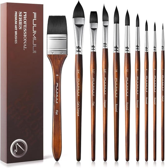 Fuumuui Professional Watercolor Brushes - 10Pcs Synthetic Squirrel Hair Paint Brush Set with Wide Flat, Round, Detail, Dagger, Cat's Tongue for Watercolor Gouache Inks Painting