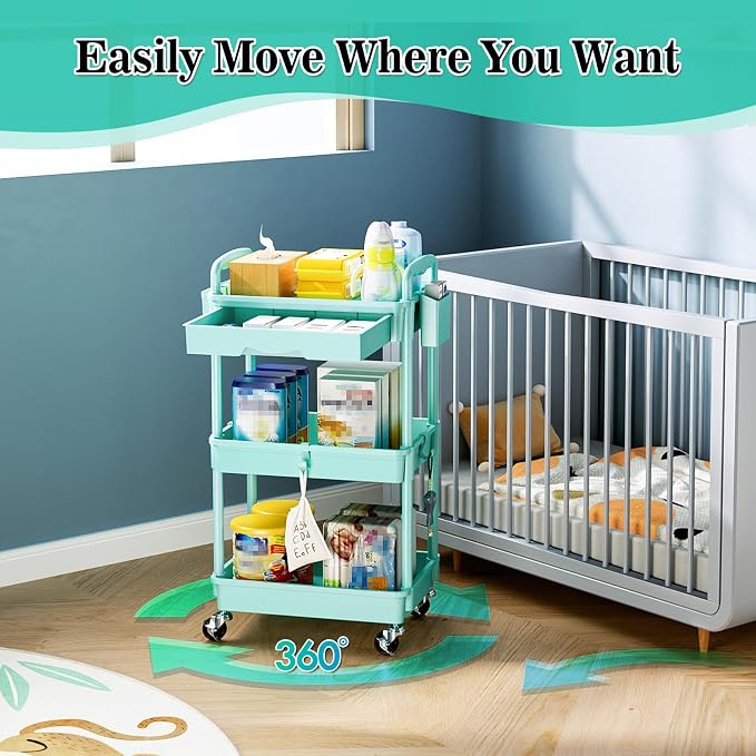 SUNALLY 3 Tier Rolling Cart with Drawer, Craft Storage Cart Organizer, Blue