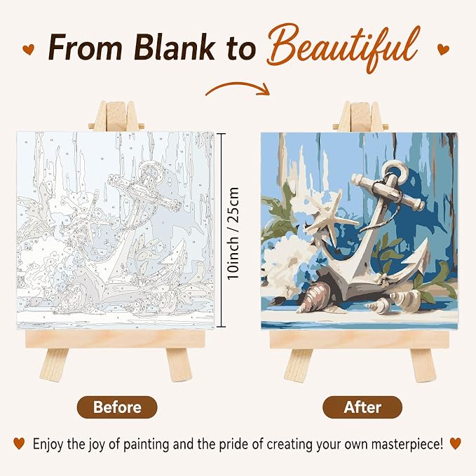 AUKELHJ 4 Pack Framed Paint by Numbers Kit for Adults, Beach, 8x8 inch