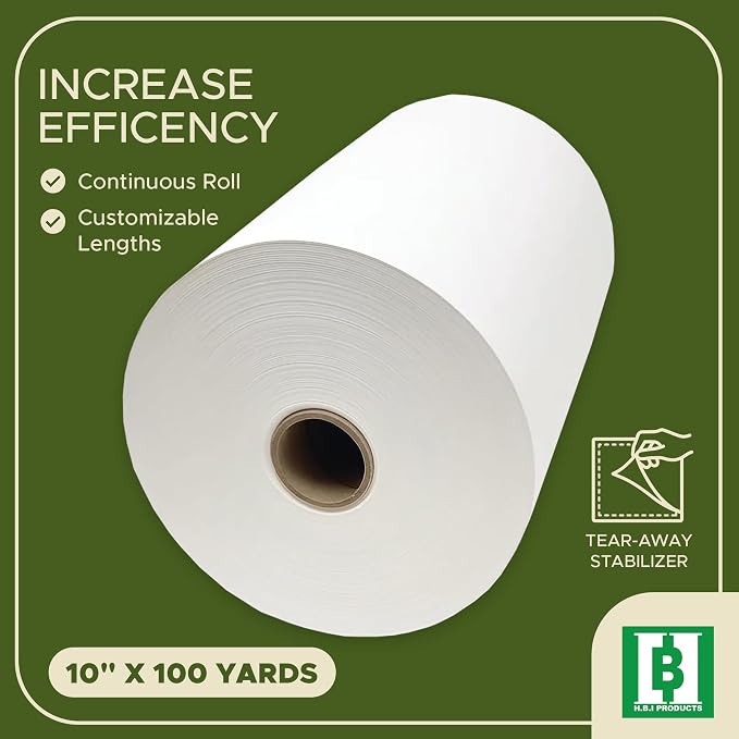 HBI Tear Away Embroidery Stabilizer Roll, 1.8 oz Medium, 10 in x 100 yd | 1.8 oz tearaway backing, machine and hand embroidery, tears clean, fits all hoops and machines, white, made in USA
