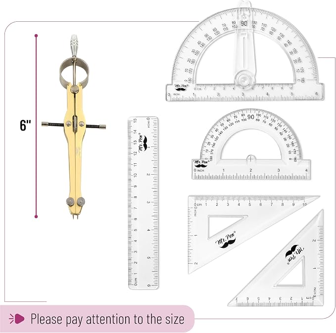 Mr. Pen- Geometry Set, 15 pcs, Gold, 6 Inch Swing Arm Protractor, Divider | Set Squares, Ruler, Compasses and Protractor