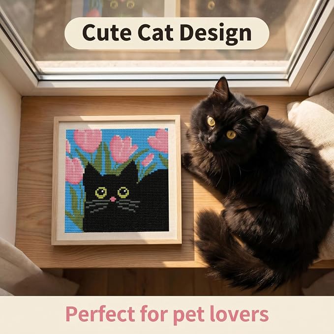 Black Cat Stamped Cross Stitch Kits for Beginners Adults with Framed | Flower Needlepoint Counted Cross Stitch Kits for Beginners Adults with Framed Embroidery Kits Arts and Crafts 6 x 6 inch