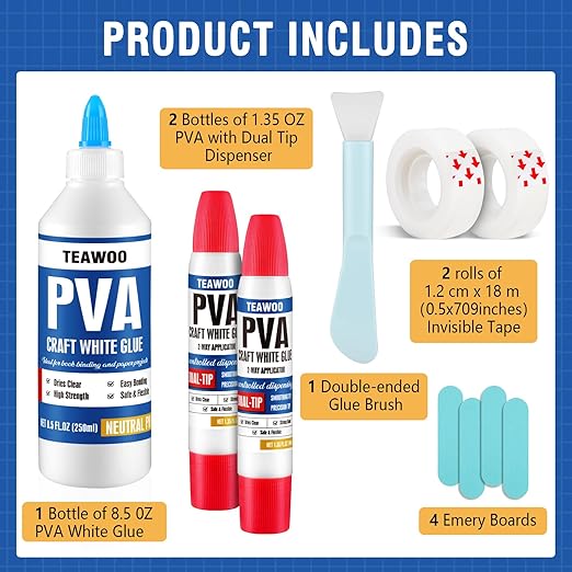 TEAWOO Book Repair Kit, 8.5 Oz + 2×1.35 Oz Acid-Free PVA Adhesive