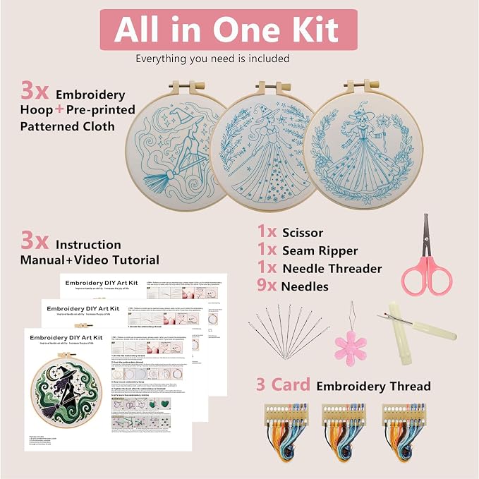 Embroidery Kit for Adults, Pre-Stamped Pattern Embroidery Kit for Beginners, Hand Needlepoint Starter Kit with Hoop Thread Needle Instruction, 7.9'' Hoop (Witch 3 Packs)