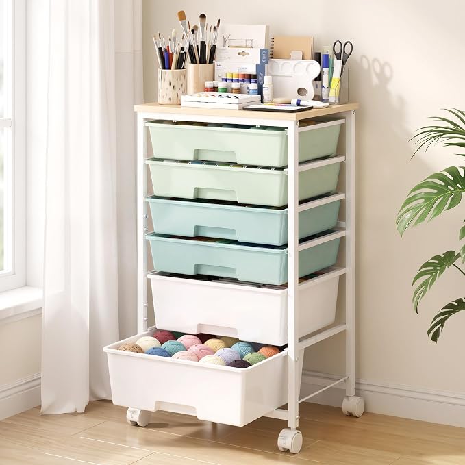 Delamu Rolling Storage Cart with 6 Drawers, Utility Craft Storage Cart | Storage Drawers Cart with Wooden Tabletop and Lockable Casters for Classroom Office Dorm Craft Art Supplie, Green