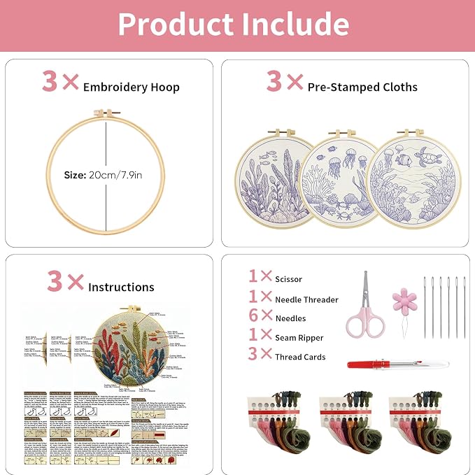 LYMIGER 3 Packs Embroidery Kit for Adults, Embroidery for Beginners (Sea)