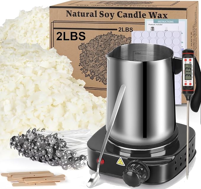 Soy Wax Candle Making Kit Supplies With Wax Melter, Natural Candle Wax For Candle Making, DIY Art&Crafts Kit for Adults,Beginner, Including 2lbs Soy Wax Flakes, Electric Stove,CandleWick,Melting Pot