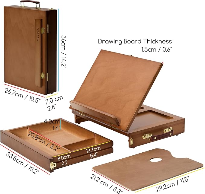 MEEDEN Table Top Easel with Drawer: Tabletop Easel with Sketching Board | Portable Painting Easel with Storage - Wood Pochade Sketch Box for Artist Art Students Beginners Walnut