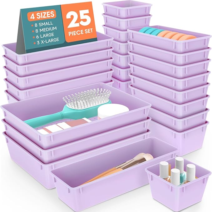 25 PCS Plastic Drawer Organizer Set, Makeup Organizers and Storage Bins | 4 Sizes Desk Drawer Divider Organizers and Storage Bins for Jewelry, Gadgets for Kitchen, Bedroom, Bathroom, Office, Purple