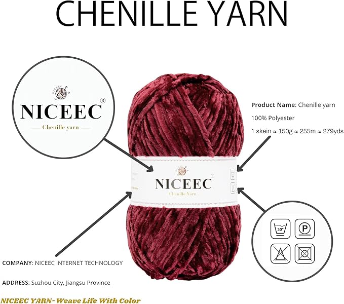 NICEEC 2 Skeins Soft Chenille Yarn 2 x255m (2X 279yds, 3X 150g)_Sauce Red