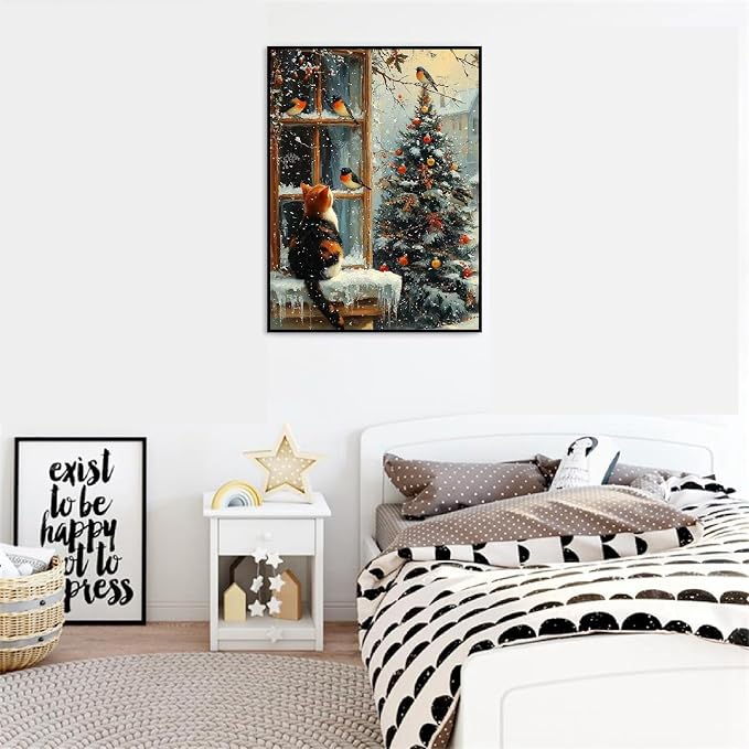 Canrichshop Cat Paint by Numbers Kit for Adults,Winter Painting by Numbers,DIY Acrylic Paint Beginners Without Frame,Christmas Paint by Number Canvas for Decor 16x20inch