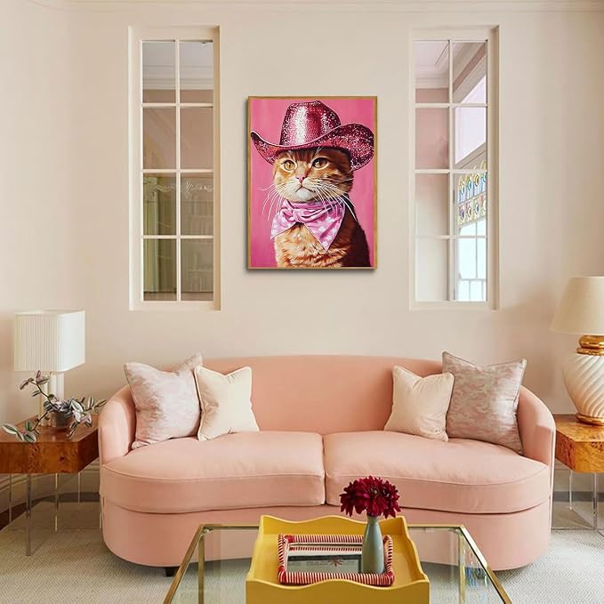 DAZZLEDOTS Cowboy Cat Diamond Art Kits for Adults, Pink Diamond Painting