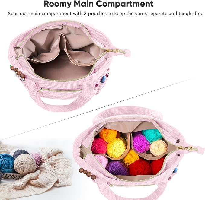 MYBAGZING Corduroy Crochet Bag 11.5" Large Yarn Storage Tote with Grommets, Needle Holders – Knitting Bag Organizer for Crochet Hooks, Accessories, Tools & Projects –Gift for Knitters & Crafters