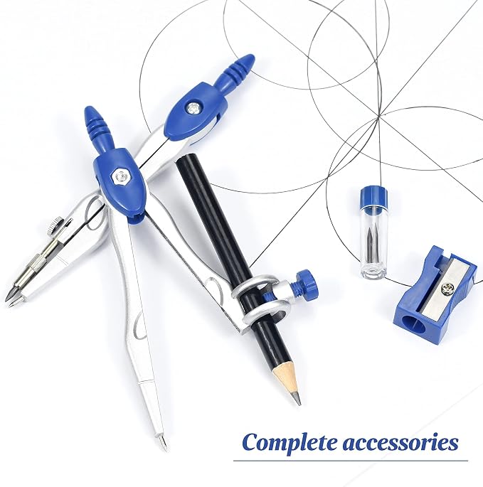 Unjoo Geometry Set 10 Pcs, Compass and Protractor for Students(Navy Blue) | Shatterproof Storage Box,Rulers,Protractor,Compass,Eraser,Pencil Sharpener,Lead Refills,Pencil,for Classroom, Back to School