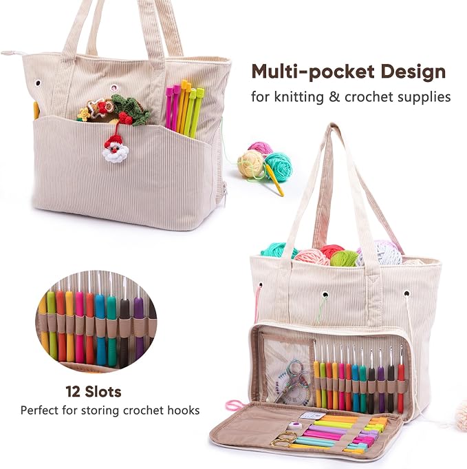 MYBAGZING Large Corduroy Yarn Bag - Tote for Crochet Hooks & Accessories - Knitting Storage Bag