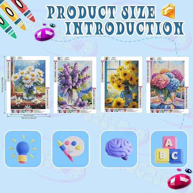 DOZEEZOP 4-Pack Diamond Art Kit for Adults, 5D Diamond Painting 12x16 Inch | Flowers pictures, Full Round Drills, Home Wall & Shelf Decor, Beginner-Friendly DIY Craft, Stress Relief, All-Occasion Gift