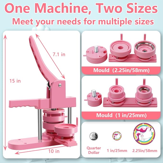 Happizza Button Maker Machine Multiple Sizes, Pin Maker Machine 1+2.25 inch, Badge Button Press Machine with Cute Stickers and 200 Sets Button Making Supplies&Circle Cutter for Girls Women(Pink)