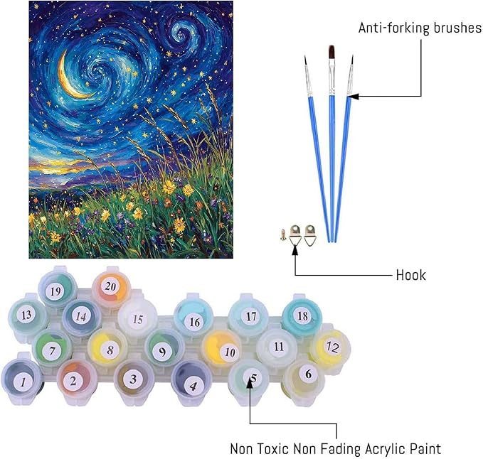 pchmcu DIY Starry Night Paint by Numbers Kits for Adults,Landscape Paint by Number for Adults Beginner Moon,Grassland Paint by Numbers Kits on Canvas Without Frame for Home Wall Decor 16x20inch