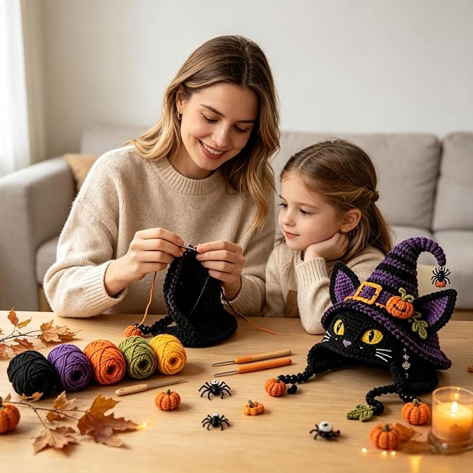 Halloween Hat DIY Crochet Kit, Fantasy Hood Hat DIY Crochet Kit, Cat