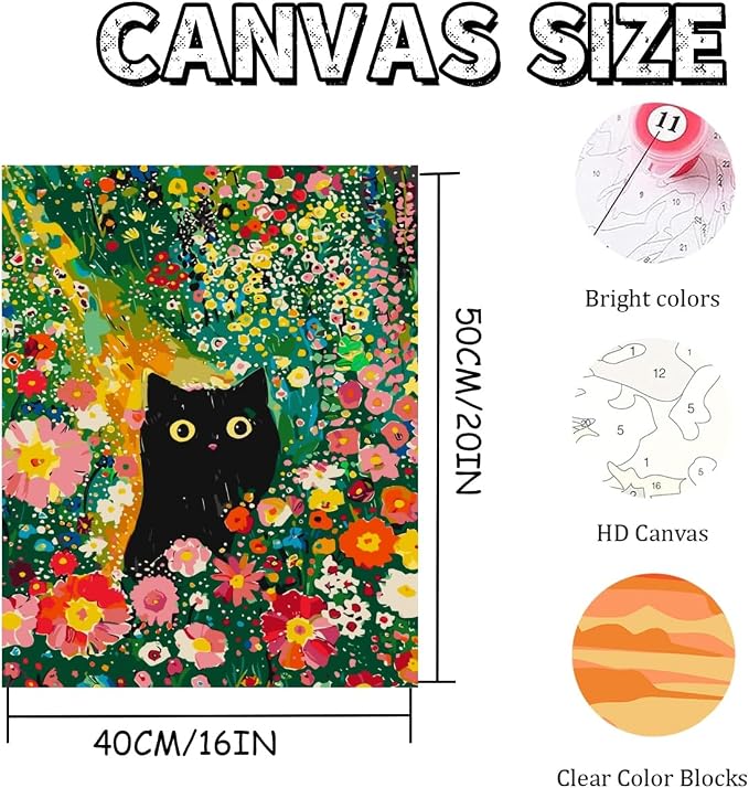 Flowers and Black Cat Paint by Numbers for Adults Beginner 16X20 inch | Adult Paint by Number Kits on Canvas, DIY Acrylic Oil Easy Painting by Numbers for Home Wall Decor (Without Frame)