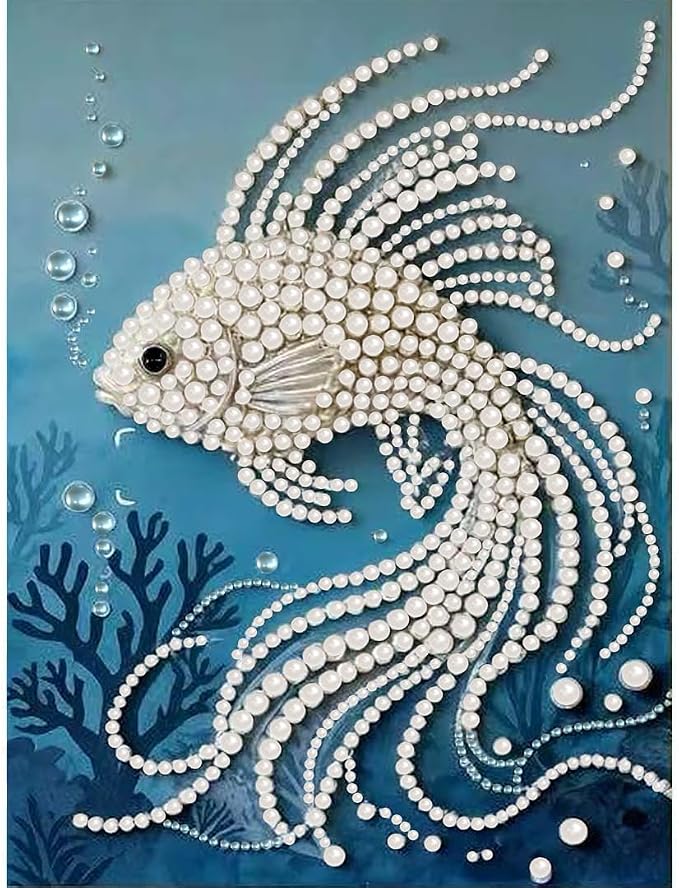 Fish Pearl Diamond Art Kits for Adults, Full Drill Wall Art 11.8X11.8In | 5D Diamond Painting Kits ,DIY Diamond Dots Gem Art Craft, Beginners Home Wall Decor