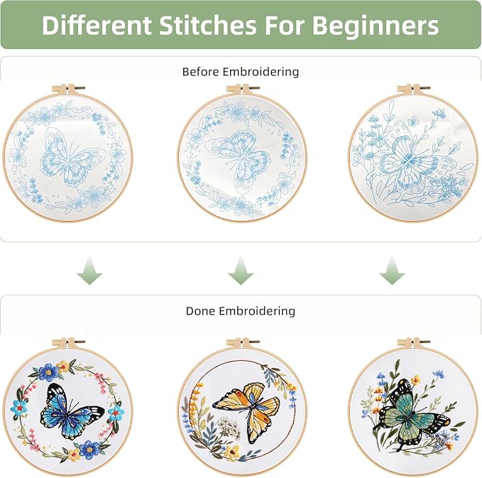 GLTAYLMY 3 Sets Butterfly Embroidery Starter Kit for Beginners Flower Stamped Cross Stitch Kits with Instructions for Beginners Adults Include Embroidery Hoop Threads and Needles