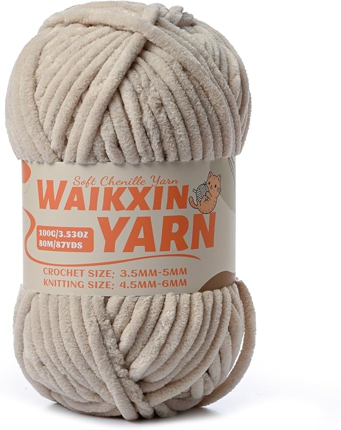（Light Khaki） Super Soft Fuzzy Chenille Chunky Yarn for Crocheting, 100g (87yds) Velvet Fluffy Amigurumi Yarn for Hand Knitting Baby Blankets Weaving Craft