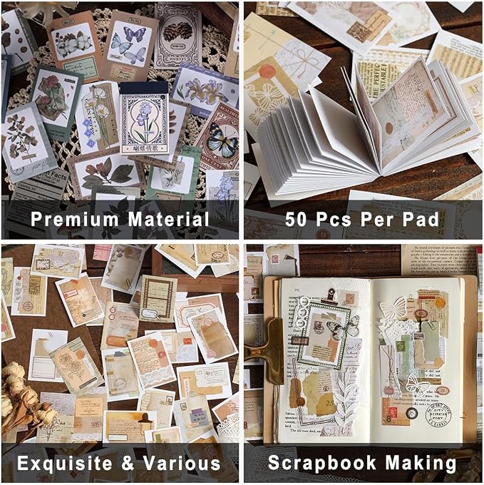 PRSTINCOL Washi Stickers Book, 6 Sets 300 Pcs | Vintage Aesthetic Sticker Set, Journaling Scrapbook Decoration Bullet Journal, Stamps Flowers Ticket Theme