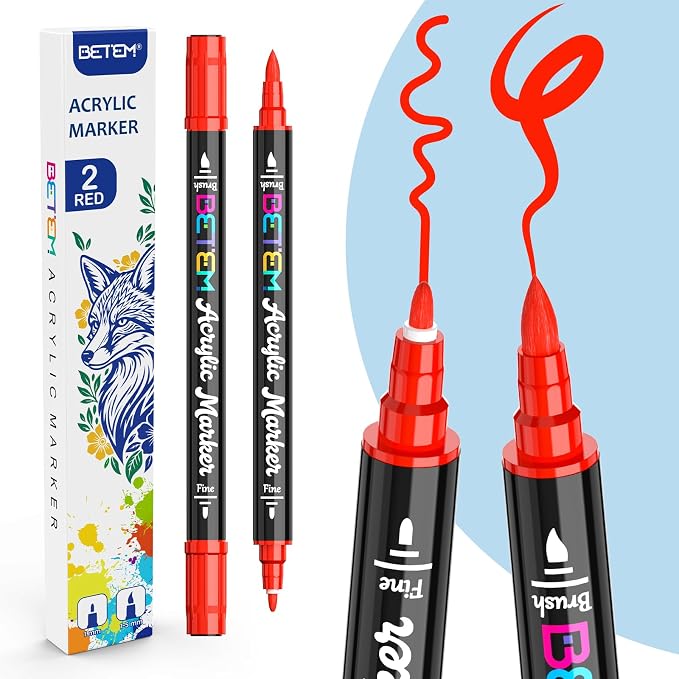 Betem 2 Red Paint Markers for Glass, Dual Tip Acrylic Paint Pens | Window, Fabric, Wood, Rock, Canvas, Acrylic Markers with Fine & Brush Tip, Art & Craft Supplies, Wine Glass Markers