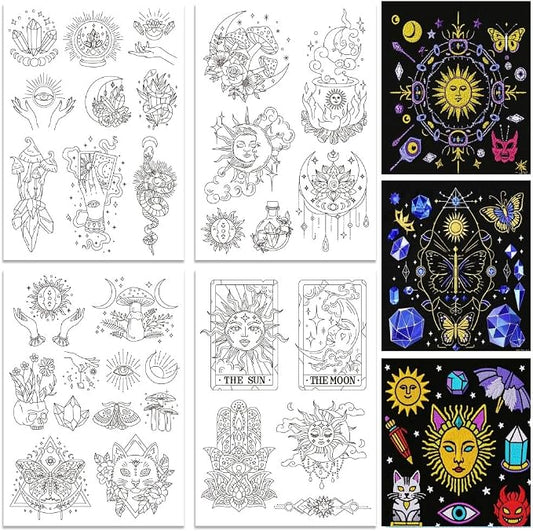 ORIGACH 4 Sheets Magic and Witchcraft Theme Water Soluble Embroidery Patterns Stabilizers - Pre-Printed Sun Moon & Evil Eye Designs - Stick & Stitch Embroidery Paper for Hand Sewing Lovers