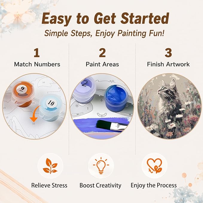 AUKELHJ Framed Paint by Numbers Kit for Adults, Cat, 10x10 inch